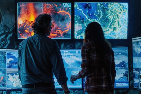 Scientists review seismological processes and volcano eruption with photos and videos on monitor of volcanic activity.