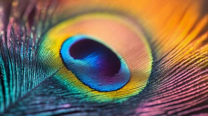 Obraz premium Vibrant Peacock Feather Macro. Natural Iridescent Pattern. Colorful Plumage Close-up for Beauty and Design Inspiration