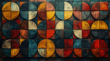 Fototapeta premium A colorful mosaic of squares and circles. The colors are bright and bold, creating a lively and energetic atmosphere. The design is abstract and modern, with a sense of movement and depth