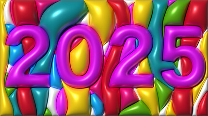 Fototapeta premium 2025 on a colorful background with curved shiny shapes, 3D rendering illustration