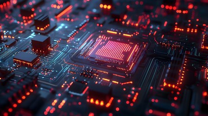 Obraz premium Beryllium copper board with complex circuits, surrounded by soft neon blue and purple hues, inside a cutting-edge medical device, ultra-modern, 3D rendering, sharp focus