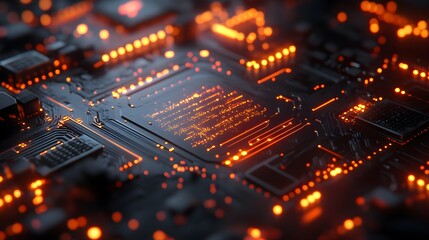 Obraz premium Beryllium copper board with complex circuits, surrounded by soft neon blue and purple hues, inside a cutting-edge medical device, ultra-modern, 3D rendering, sharp focus