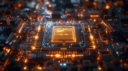 Beryllium copper board with complex circuits, surrounded by soft neon blue and purple hues, inside a cutting-edge medical device, ultra-modern, 3D rendering, sharp focus