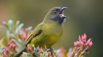 Fototapeta premium A Green Bird With Its Mouth Open Singing