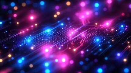 Obraz premium Futuristic abstract background with glowing circuits, neon blue and purple hues, technology-inspired vector design