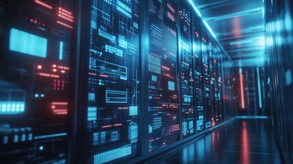 A futuristic server room with glowing blue and red lights displaying data on the servers.