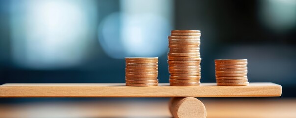 Golden coin stacks balancing on seesaw, representing balanced investment portfolio and risk management, investment risk, portfolio strategy