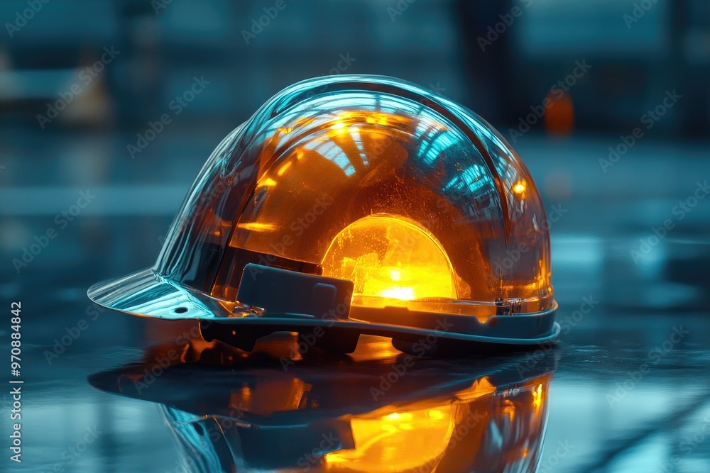 Canvas Prints A Reflective Hard Hat with a Glowing Orange Interior