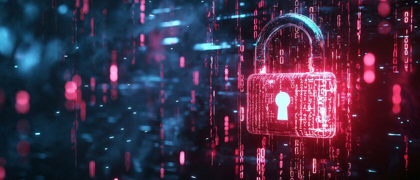 A digital padlock with binary code and futuristic circles on a blue and white background, concept of cybersecurity, Ai generated 
