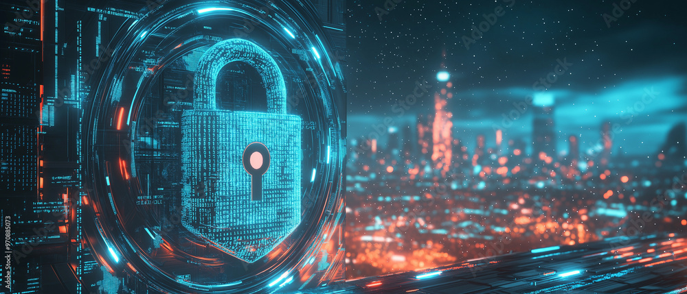 Aufkleber a digital padlock with binary code and futuristic circles on a blue and white background, concept of
