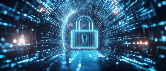 A digital padlock with binary code and futuristic circles on a blue and white background, concept of cybersecurity, Ai generated 