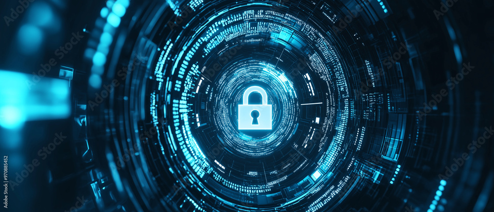 Poster a digital padlock with binary code and futuristic circles on a blue and white background, concept of