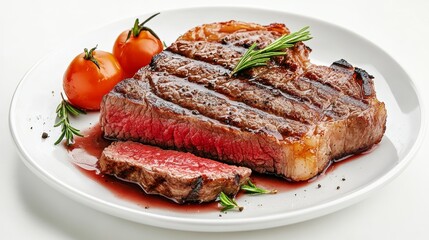 Beef steak served in plate on white background. Grilled steak medium rare.