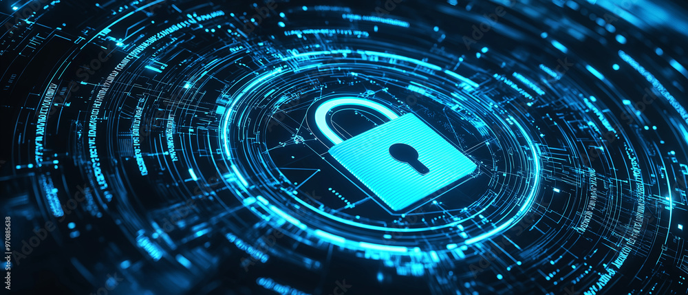 Poster a digital padlock with binary code and futuristic circles on a blue and white background, concept of