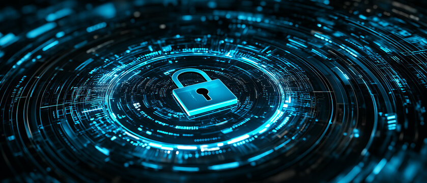 A digital padlock with binary code and futuristic circles on a blue and white background, concept of cybersecurity, Ai generated 