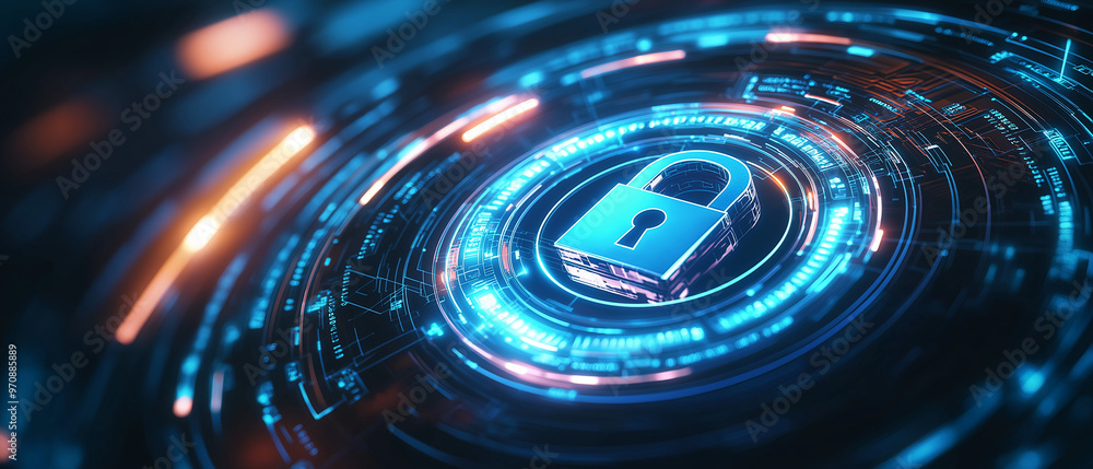Aufkleber a digital padlock with binary code and futuristic circles on a blue and white background, concept of