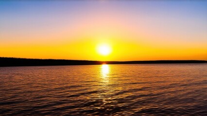 sunset at coast of the lake. Nature landscape. Nature in northern Europe. reflection, blue sky and yellow sunlight. landscape during sunset