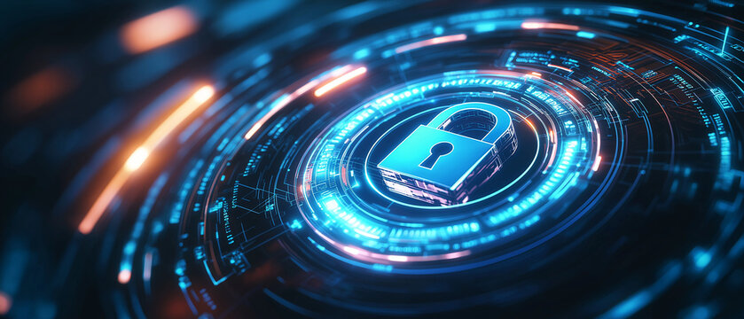 A digital padlock with binary code and futuristic circles on a blue and white background, concept of cybersecurity, Ai generated 