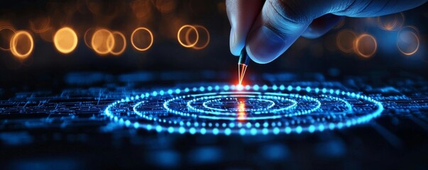 A finger drawing the final line in a blueprint, marking the bullseye target for success