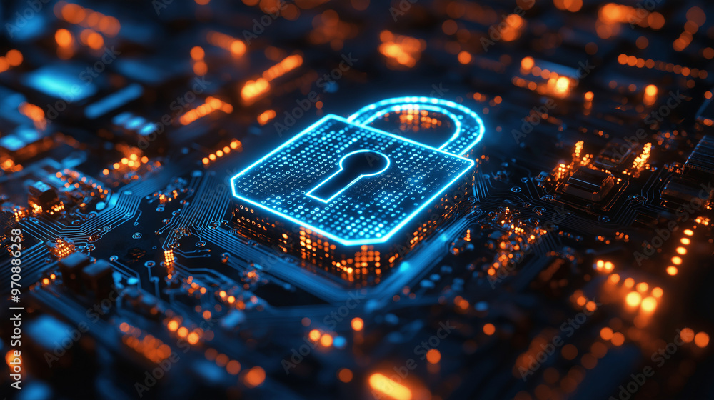 Aufkleber a digital padlock with binary code and futuristic circles on a blue and white background, concept of