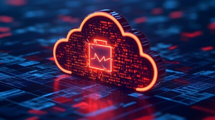 Red Neon Cloud Computing Symbol on Digital Background