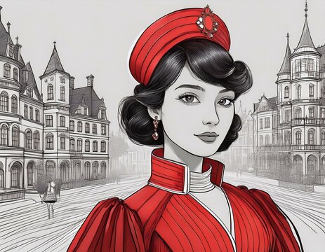 A beautiful girl wearing a red gawn Victorian style posing in front of pencil sketch buildings with black lines with copy space
