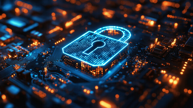 A digital padlock with binary code and futuristic circles on a blue and white background, concept of cybersecurity, Ai generated 