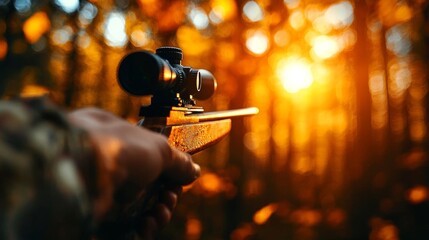 A hand adjusting the sight on a bow, making precise plans to hit the target