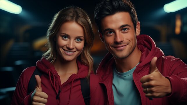 young couple or friends smiling and showing thumbs up while standing in yellow clothes over purple background. - Powered by Adobe