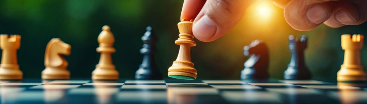 Close-up of a hand pushing the final chess piece toward a win, perfectly planned strategy