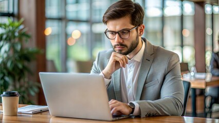 Busy European business man entrepreneur looking at laptop at work. Young businessman executive manager using computer sitting in office thinking of investment market digital data.
