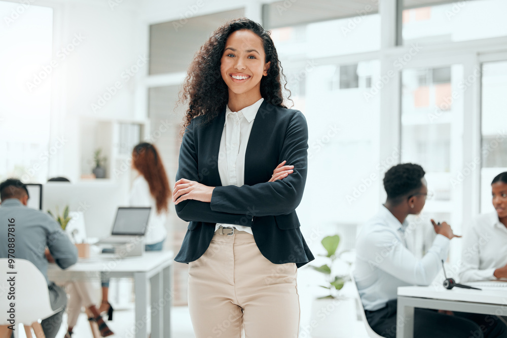 Sticker Happy, business woman and portrait with arms crossed and confidence from web writer at agency. Creative, smile and African employee ready for press, reporter and journalism work in office with staff