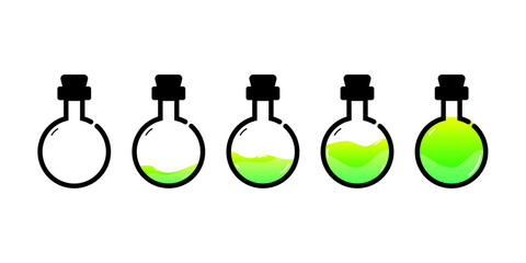 Set of glass bottles. Different colors potion flat style on white background. Vector illustration.  Design elements for game collection. 