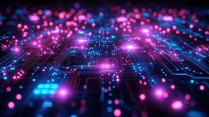 Obraz premium Futuristic abstract background with glowing circuits, neon blue and purple hues, technology-inspired vector design