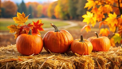 Vibrant orange pumpkins with leaf-shaped designs rest on a bed of golden hay in a sun-drenched field, surrounded