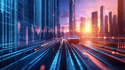 Obraz premium Autonomous vehicles transporting materials across a high-tech construction site