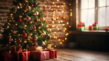 Decorated Christmas tree with decorations gifts and lights at home