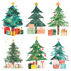 PNG watercolor Christmas tree element set, transparent background