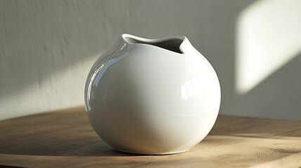 A white ceramic vase with an interesting shape sits on a wooden table with soft sunlight streaming through a window.
