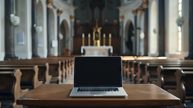 A laptop is open on a wooden table in a church