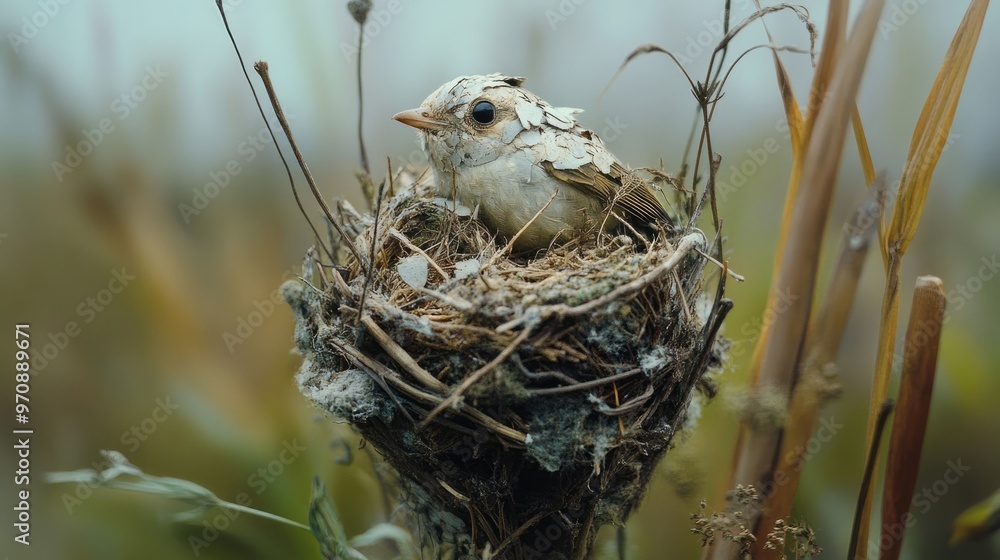 Wall mural A Small Bird in a Nest of Twigs