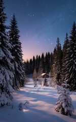 Enchanted Winter Forest: Towering Evergreens under a Twilight Sky with Twinkling Stars, Faint Aurora, and a Cozy Cabin, Illuminating Snow-Covered Ground in a Serene, Magical Holiday Scene