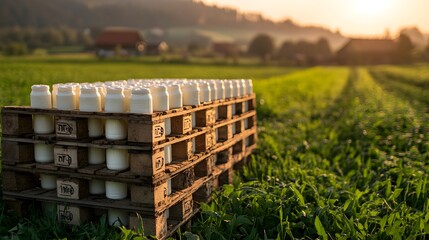 Fototapeta premium Wooden pallet placed on a farm, loaded with fresh dairy products, illustrating farm-to-market logistics in a pastoral setting