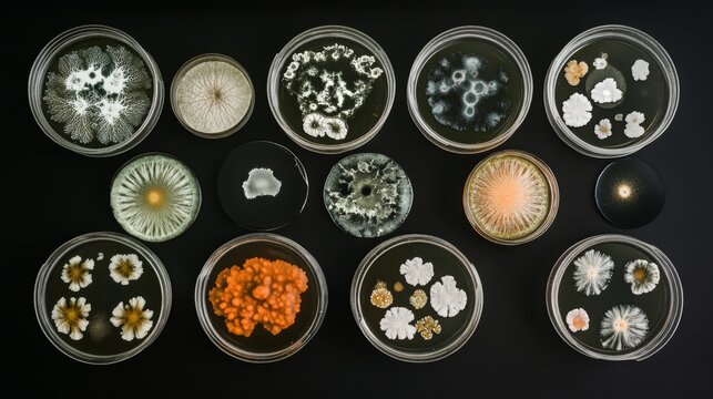 Petri dish mold various types of fungi aspergillus acremonium Cladosporium black mold isolated on black