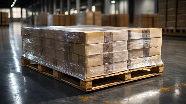 Wooden pallet with neatly stacked cartons, shrink wrap glistening under warehouse lights, resting on a clean, polished concrete floor, calm atmosphere