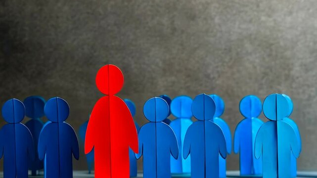 A red paper figure stands out in a crowd of blue paper figures, symbolizing individuality and leadership. The scene suggests a social or professional context. Background is a muted gray, emphasizing