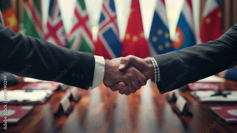 Poster two men shaking hands in front of a table with flags behind them