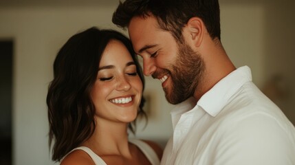 Fototapeta premium Couple Dancing Tenderly in Intimate Living Room Setting Smiling and Lost in the Moment of Spontaneous Romance