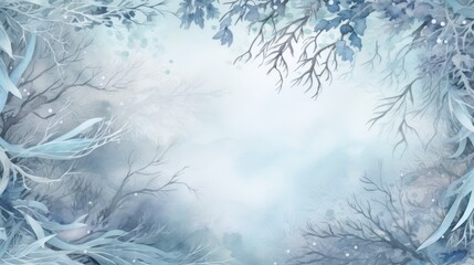 Ethereal Winter Forest Watercolor Frame. Elegant Blue and White Botanical Border with Misty Trees Background