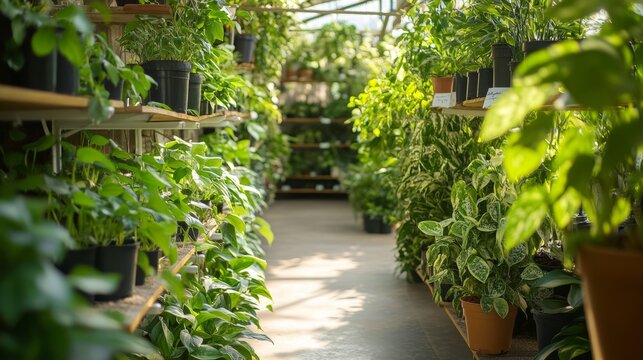 Department of flower shop with indoor plants is splint. Tall specimens epipremnum aureum pothos tutor stand in rows on floor climbing vines liana are presented on display in hanging pots